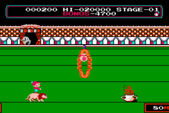 Cena da primeira fase de Circus Charlie para o Nintendo Famicom