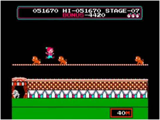 Cena da segunda fase de Circus Charlie para o Nintendo Famicom