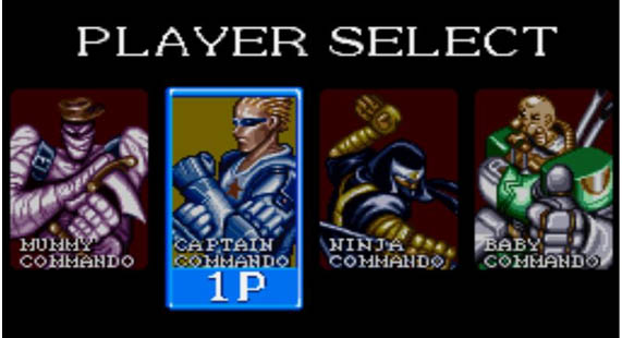 Tela de seleção de personagens de Captain Commando